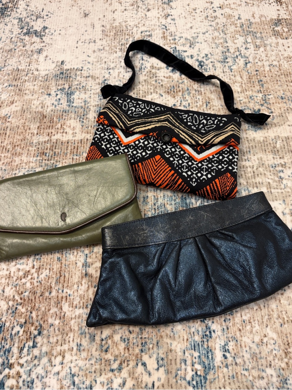 Set of 3 Stylish Clutches - Olive, Black, and Patterned Orange/Black